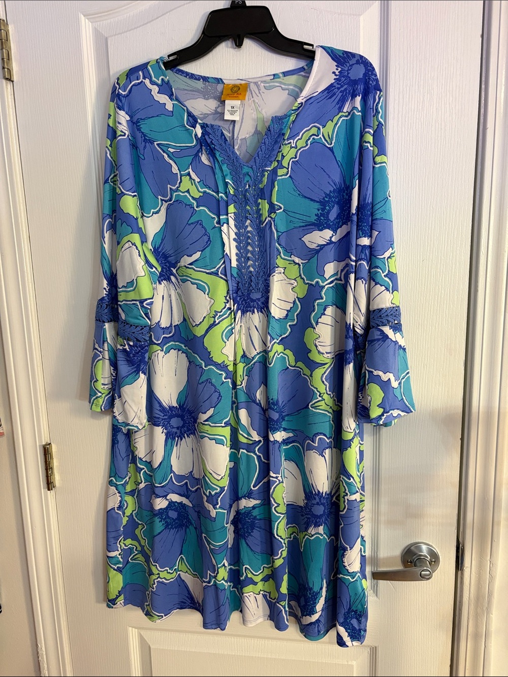 Ruby Rd. Blue, White & Green Floral Long Sleeve Swing Dress